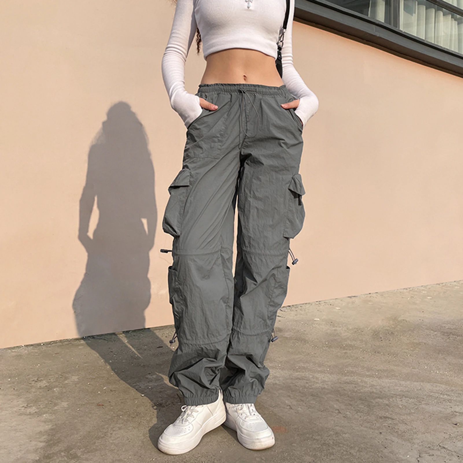 

Y2K Summer Women Retro Pleated Pants Ladies Low Waist Drawstring Cargo Pants Casual Solid Color Pocket Wide Leg Pants Streetwear