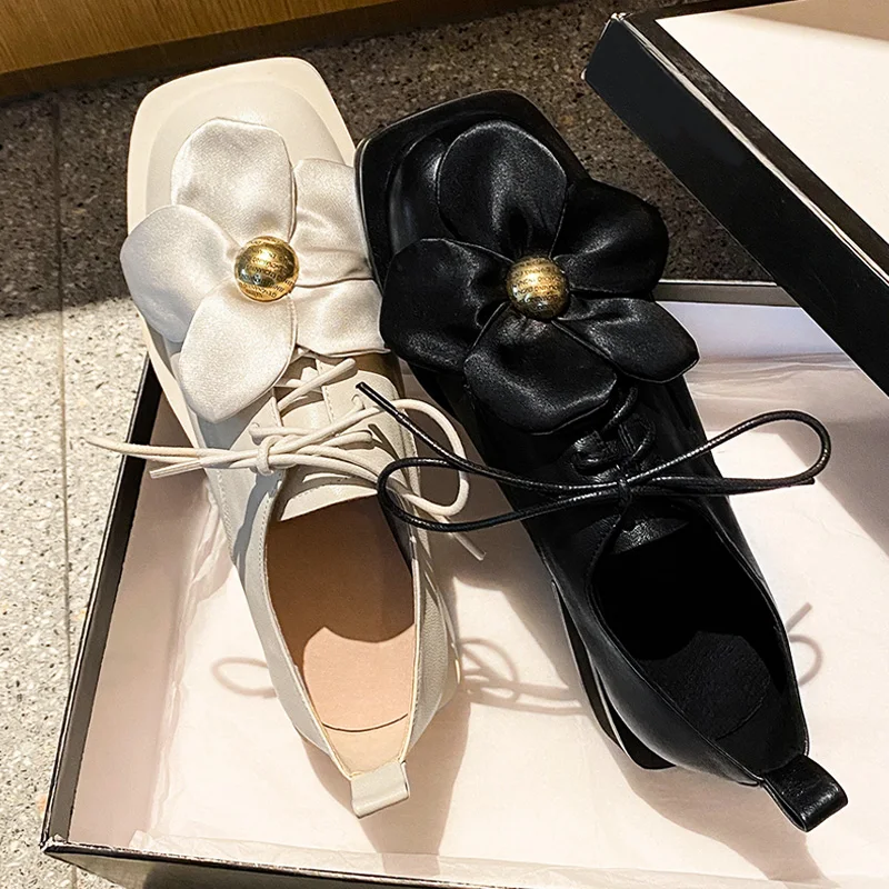 

Leather Oxford Shoes for Women Flats Lace-Up Square Toe Flower Derby Sneaker Party Casual Shoes Loafers Chaussure Femme J298
