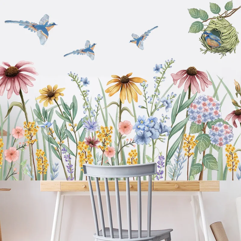 

Daisy Flower Wall Stickers Skirting Line Posters Decals Self-adhesive Vinyl Wallpapers for Home Decoration Cartoon Bird Murals