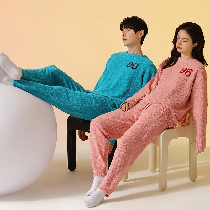 

Korean Autumn Winter Soft plush woman’s pajamas For Thickened and warm couples Homewear For Men Casual Loose Sleepwear 2PCS Set