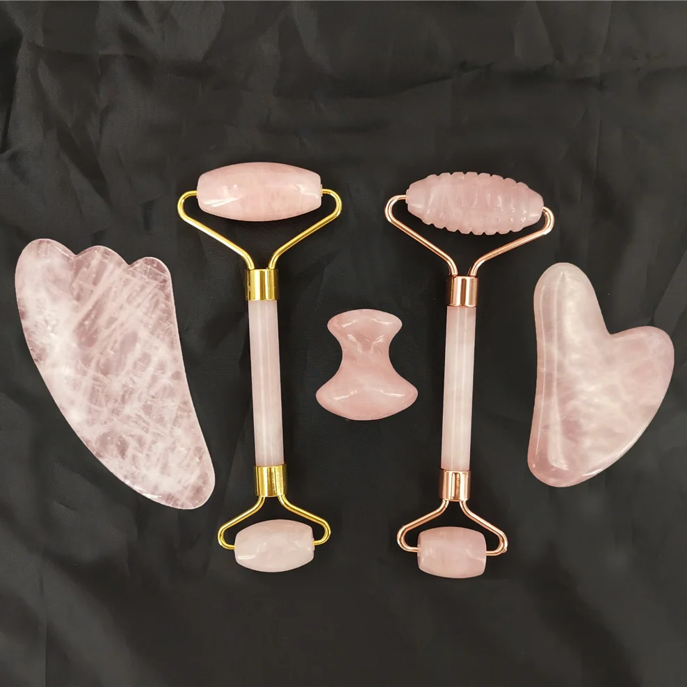 Natural Rose Quartz Jade Roller Set Real Jade Gouache Scraper Jade Massager Gua Sha Board Facial Massager Face Massage Roller