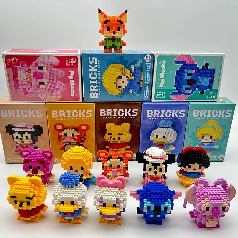 

Disney Princess Mouse Duck Mini Action Elsa LinaBell Building Blocks Mickey Figures Blocks Assemble Toys Brick Kids Gifts Stitch
