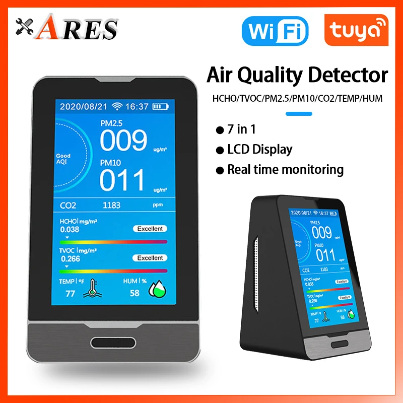 

TUYA WIFI Air Quality Detector HCHO/TVOC/PM2.5/PM10 /CO2/TEMP/HUM 4.3 Inch LCD Display Air Quality Monitor Analyzer Gas Detector