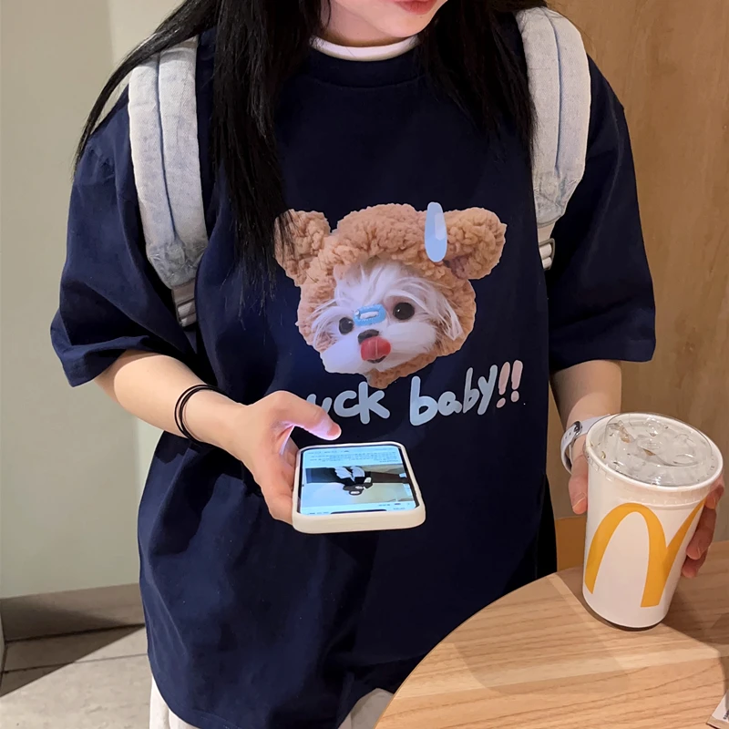 

Retro Dark Blue Cute Wool Dog Cartoon T Shirts Korean Casual Oversized Teenage Couples Tops Summer Cotton Short Sleeve Harajuku