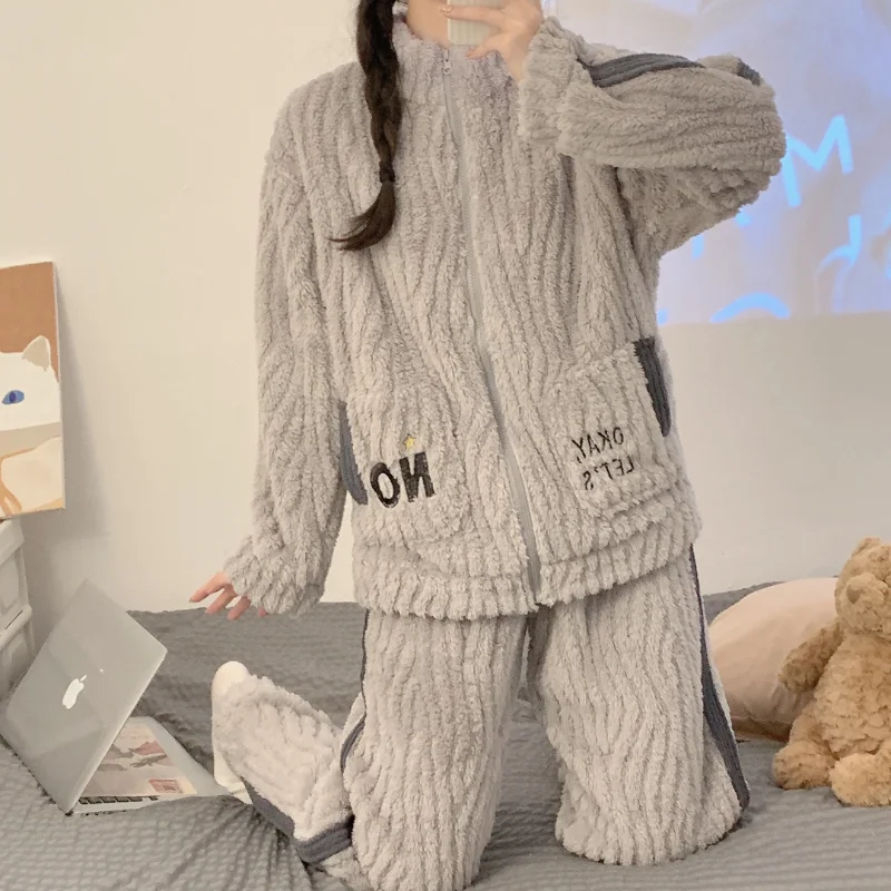 Winter Pajamas Women's Plush Long Sleeve Set Zipper Solid Color Embroidered Coral Velvet Women's Warm Casual Loose Home Dress