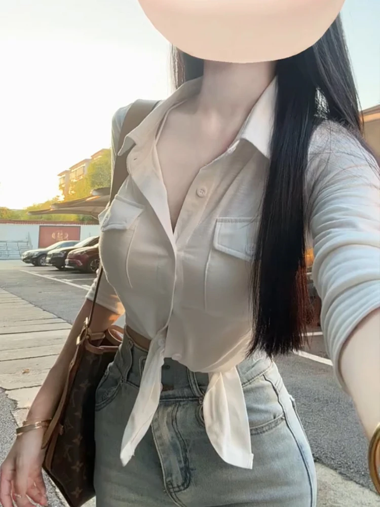 Sexy Pure Desire Lapel High Sense Long sleeve Shirts Women Autumn and Winter New Slim fit Slimming Gyaru Inner wear Base Top