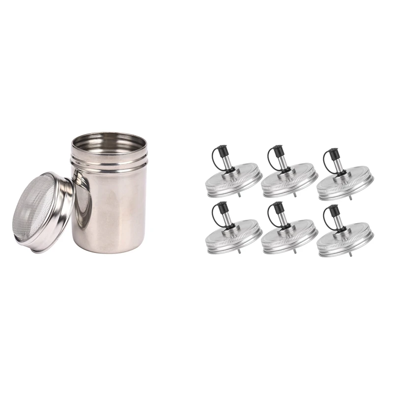 

1X Stainless Steel Cocoa Flour Coffee Sifter & 6PCS Stainless Steel 70Mm Regular Mouth Mason Jar Pour Spout Lids