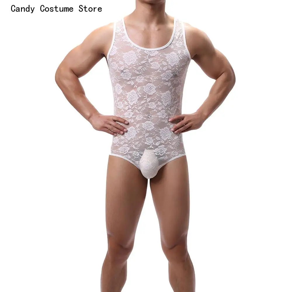 Mens Vest Shorts Jumpsuit Bodysuit Lace Sexy Onesies Male Sexy One-piece Tight Elasticity Slim Corset Body Shaper Seductive