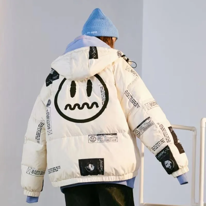 Winter Couples White Duck Down Jacket Little Devil Smile Print Letter Hip Hop Men's and Women's Thick Loose Down Jacket Clothes