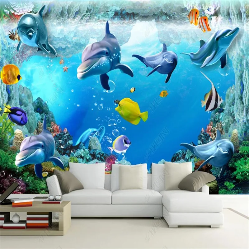 Custom Underwater World Theme Wall Paper Submarine Fish Dolphin Living Room Aquarium Decor Mural Wallpaper Papel De Parede 3d