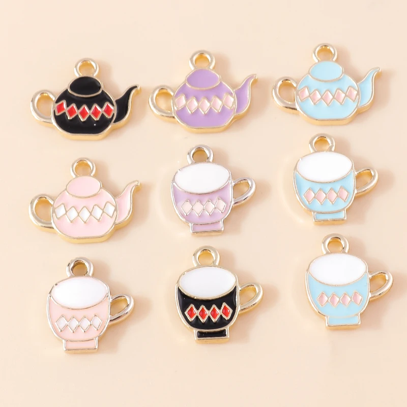 

10pcs New Lovely Enamel Teapot Tea Cup Charms Coffee Cup Pendants for DIY Earring Bracelet Necklace Jewelry Making Accessories