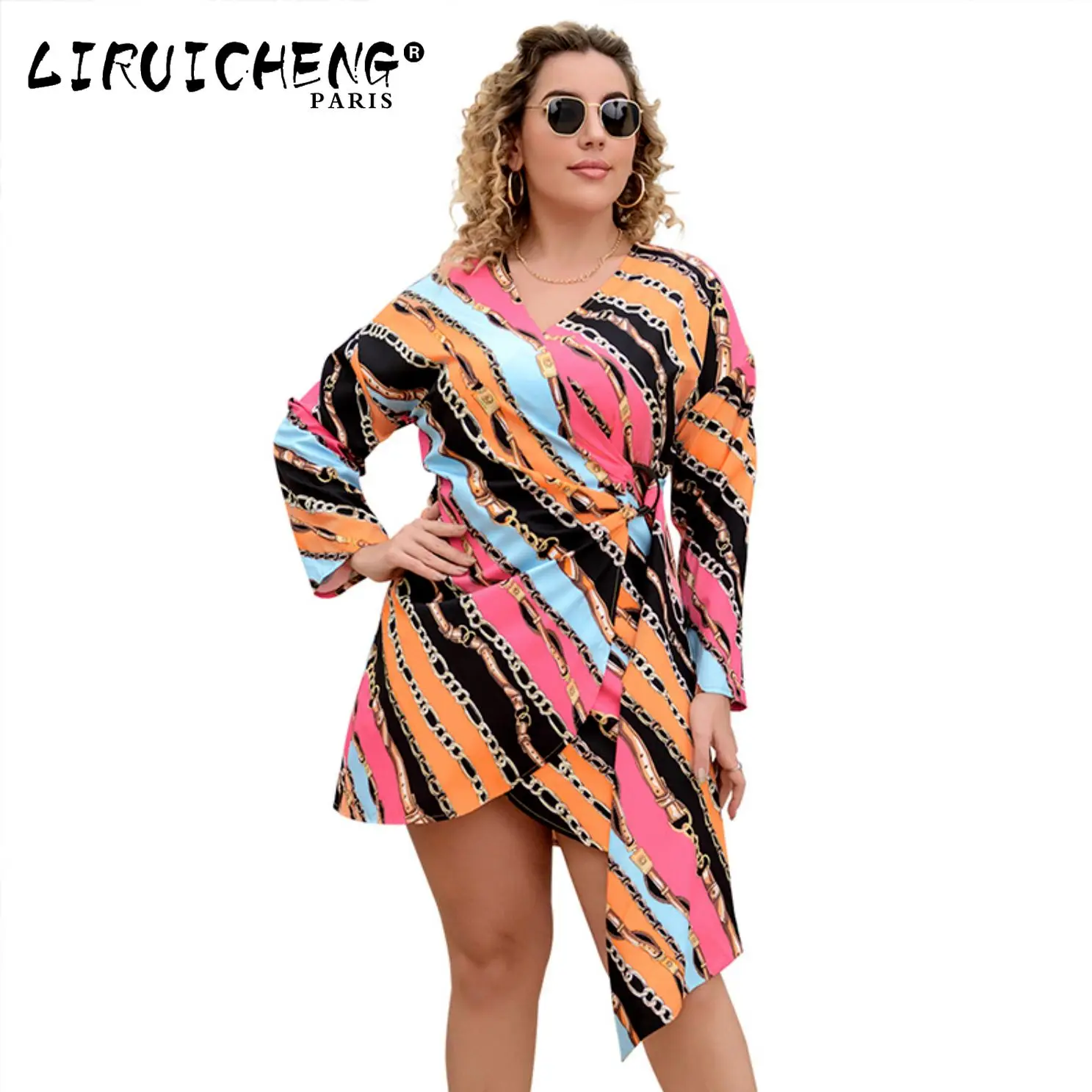 

2023 Women's Large V-Neck Color Print Long Sleeve Lace Belt Waistband Short Dress