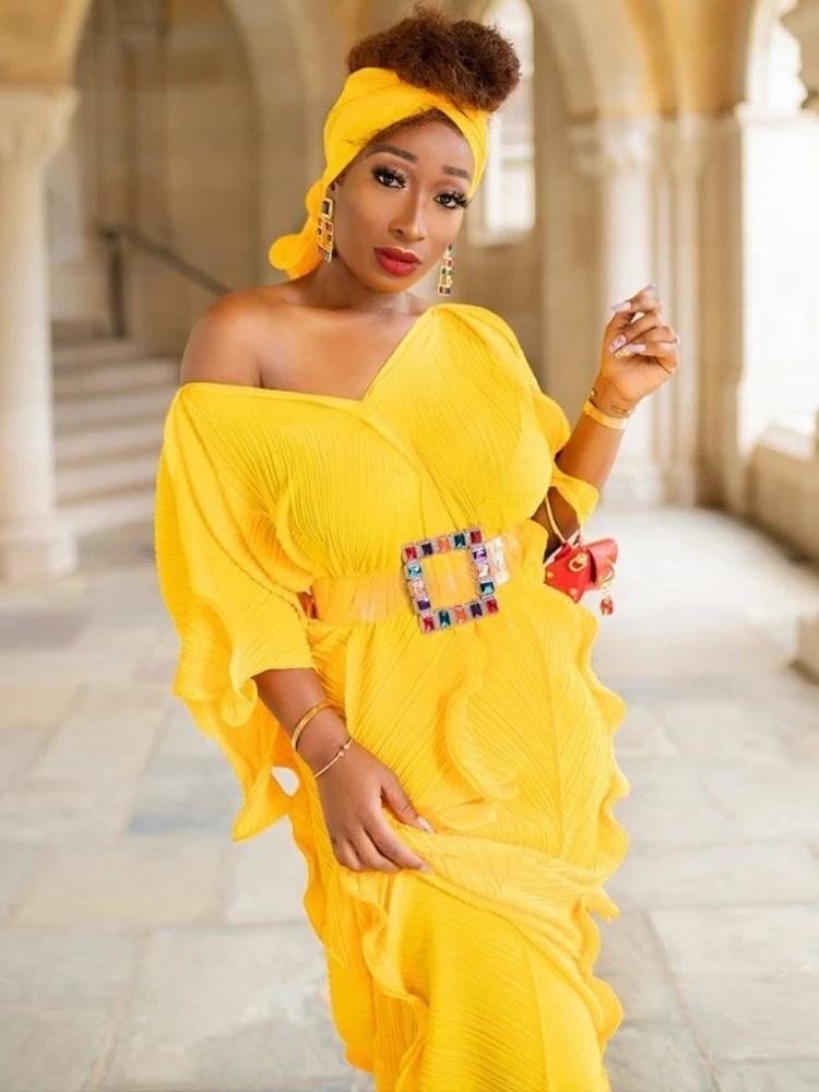

2022 African Women's Party Dress Sexy Pleated V-neck Chiffon Dress with Belt Headband Ruched Big Stretchy Clothing Yellow Pink