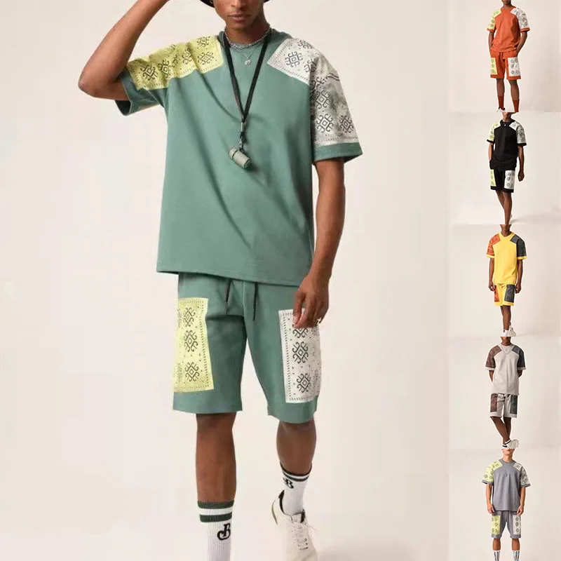 

New summer short-sleeved suit cashew flower trend loose casual sports t-shirt men's shorts men