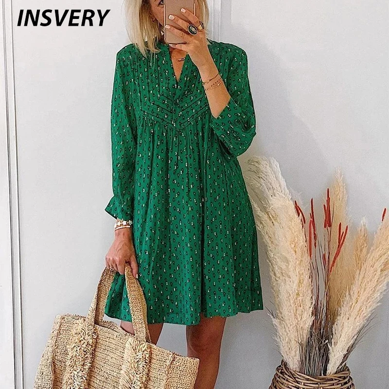

Spring Autumn Casual Print Dresses For Women Vintage V Neck Green Dress Women Elegant Long Sleeve Holiday Beach Short Dress