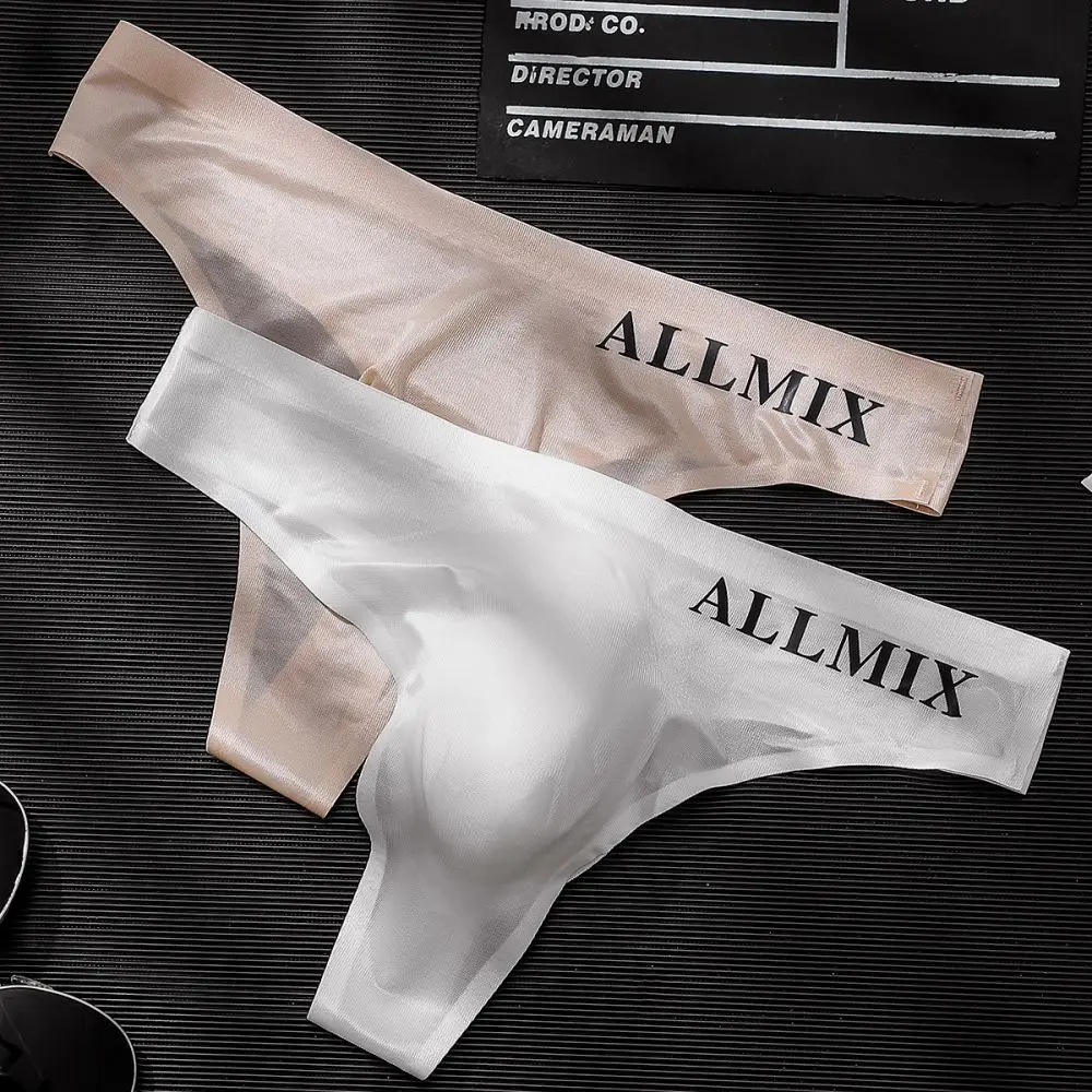 

Men'S Sexy Sports Thong Briefs Fitness Letter Thin Transparent Open Hip Ice Silk Low Waist Traceless Triangle Single Thong