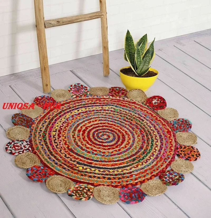 

Rug Jute and Cotton 4x4 Feet Handmade Rug Double-sided Home Bedroom Decor Guest Decorative Rug Living Room Decoration