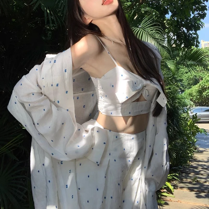 

Vintage Korean Retro High Street Bow Vest + Shorts + Shirt Bow Print Suit 2 Pieces Sets Y2k Suit