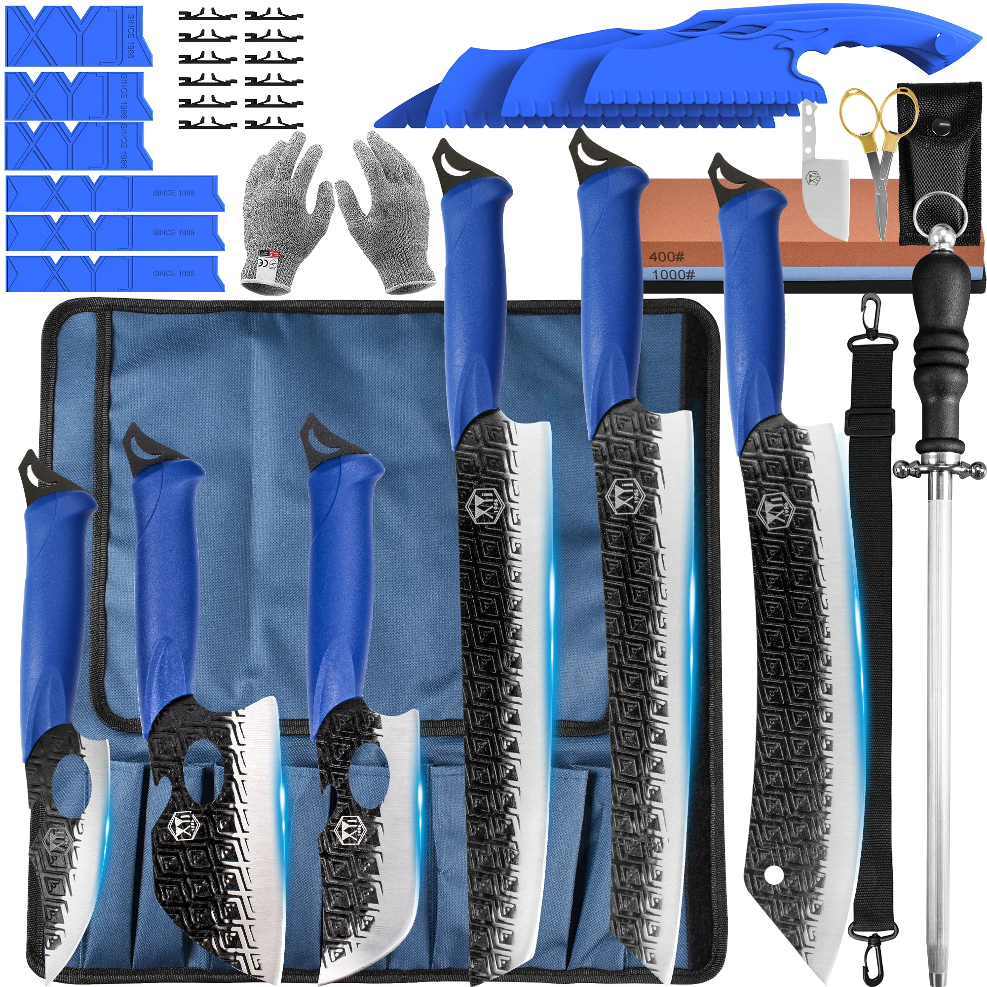 

XYJ 6pcs Knife set blue plastic handle outdoor camping portable chef roll bag stainless steel knives with anti-cut gloves