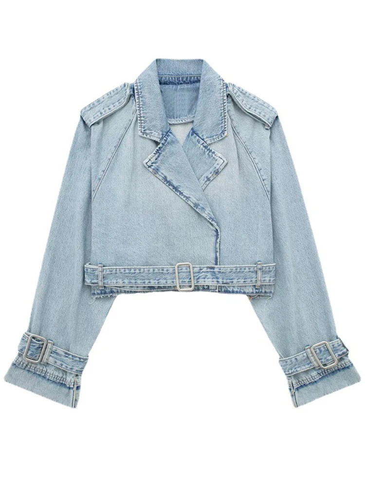 

Fitaylor New Spring Women Fashion Short Denim Jacket High Street Turn-down Collar Denim Coat with Belt Casual Trench Outwear