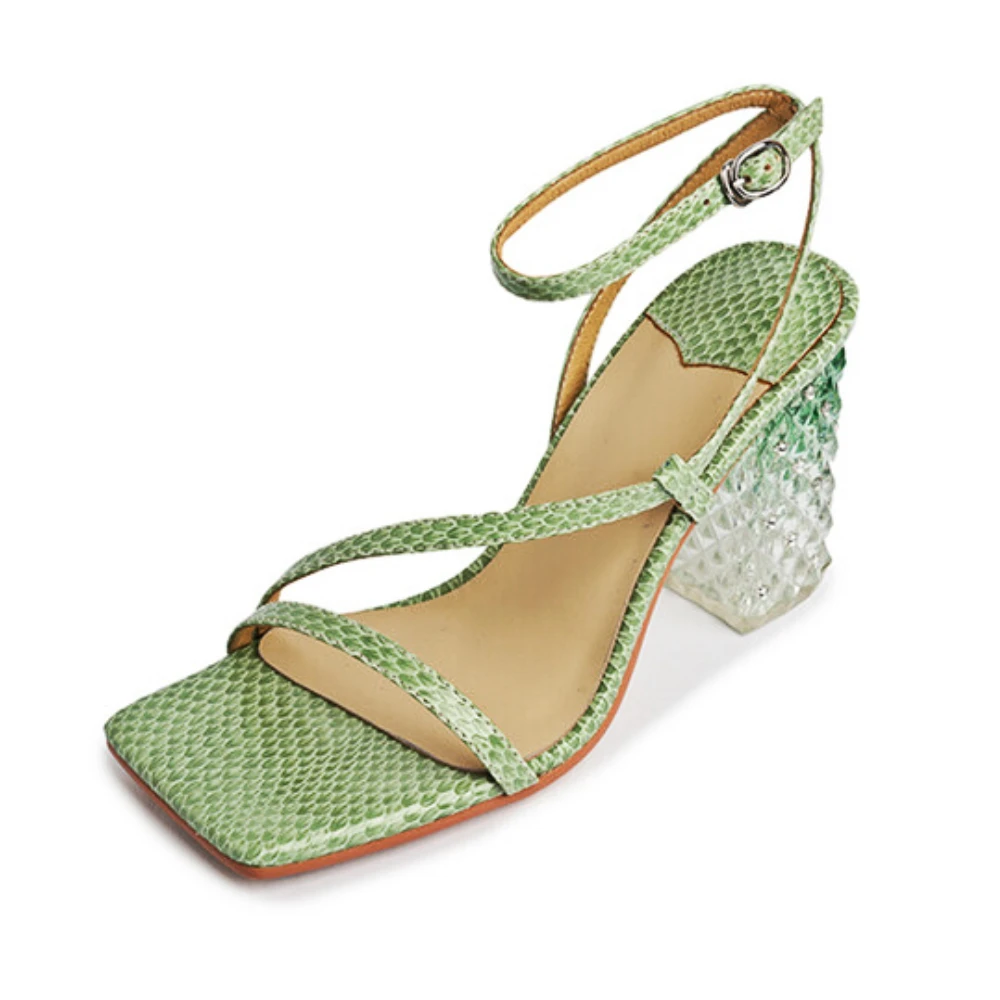 

Leather High Heel Sandals Women, 2022 Summer New Square Toe Simple French Style Fashion Sexy Snakeskin Sandals High end luxury