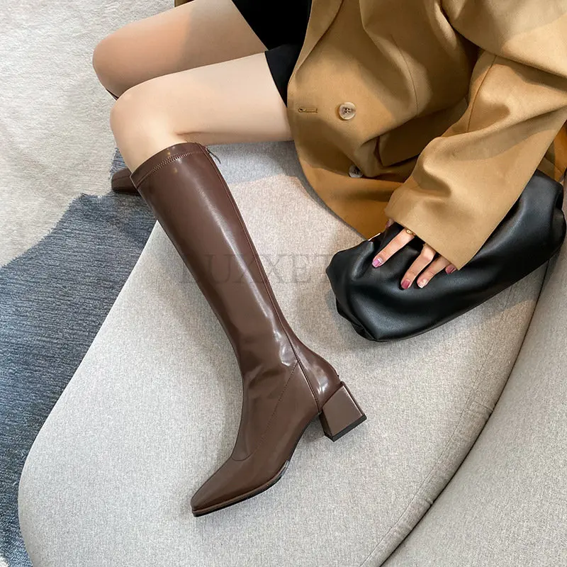 

Womens Knee-high Boots Mid Heels Platform Women Single Botas Motorcycle Boots Gladiator Western Knight Boots Women Shoes