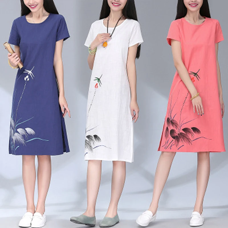 

Summer Chinese Style Women Dress hand-painted Printed Round Neck Short-sleeved Cotton And Linen Dress Women Loose Long Dresses