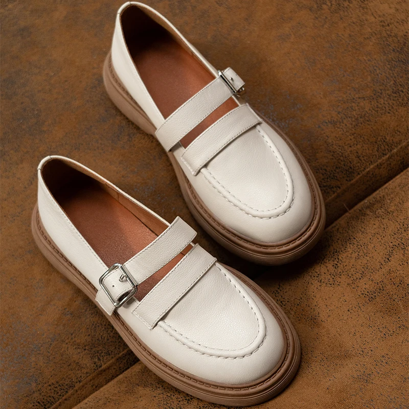 

NewCurve Mary Jane Shoes For Women Genuine Leather Round Toe Mid High Heel Slip On Chunky Sole Ladies Casual Flat Shoes