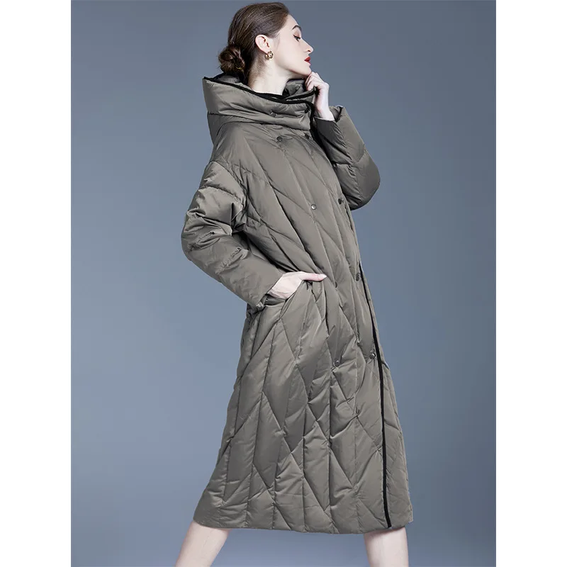 Long down jacket women's loose length over knee thickened hooded white duck down winter coat