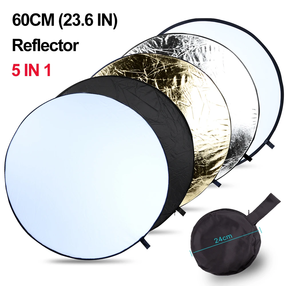 

Портативный отражатель 60 см, ручной складной портативный фотоотражатель для фотостудии 5 в 1, Круглый отражатель освещения