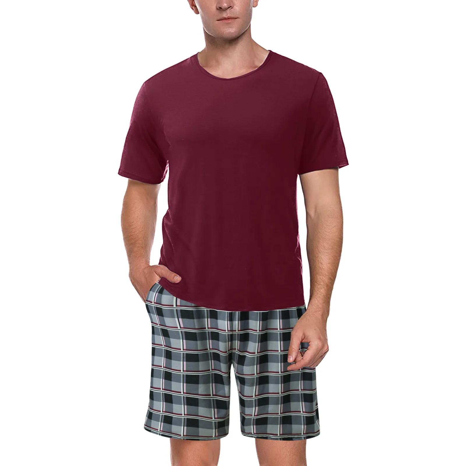 

Men New Fashion Casual Round Neck Solid Color Short Sleeve Plaid Shorts Suit Pajamas Home Service Indoor Comfy High Quality Sets