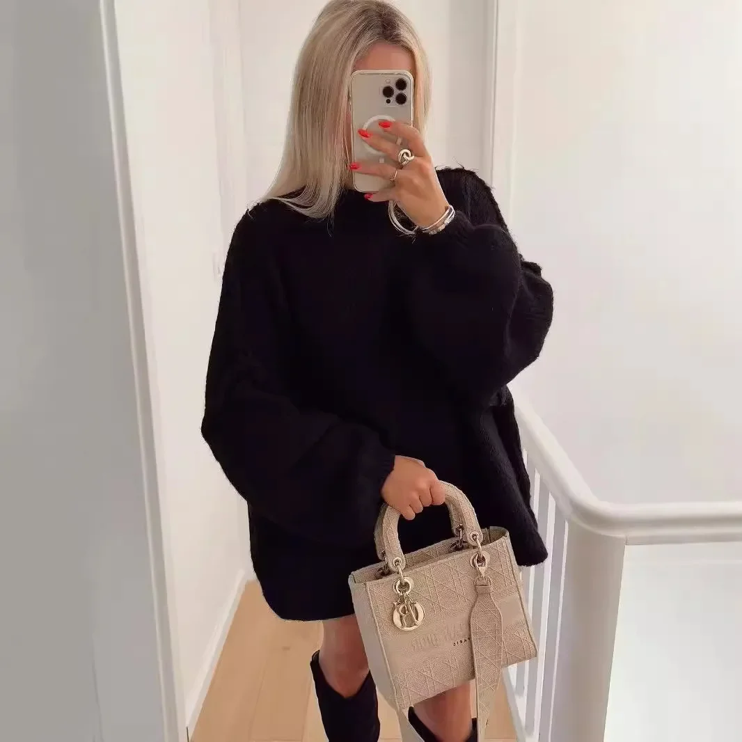 Женский вязаный пуловер свитер свободного покроя полуполо с высоким воротом