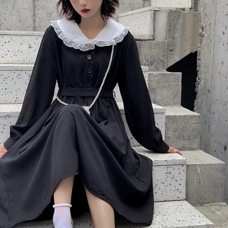 

Qweek Autumn gothic lolita kawaii dress feminine peter pan neck long black midi sleeve dressed as income Japanese goth shopping
