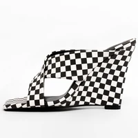 womens fashion wedge high heel slippers 2022 summer new plaid open toe sexy slide sandal evening party plus size shoe 18 chc 25