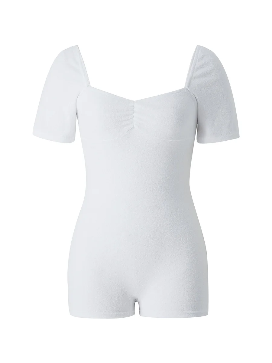 

Casual Playsuits for Women Solid Color Short Sleeve Low-Cut Neck Cutout Back Elastic Jumpsuit