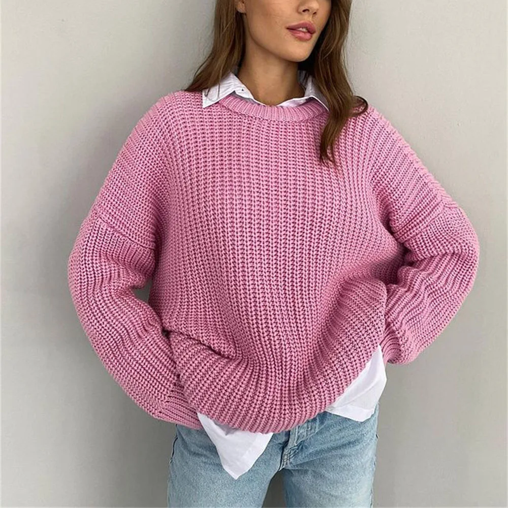 

2022 New Autumn And Winter Women's Sweater Solid Color Casual Loose Long Sleeve Round Neck Sweater Sweater