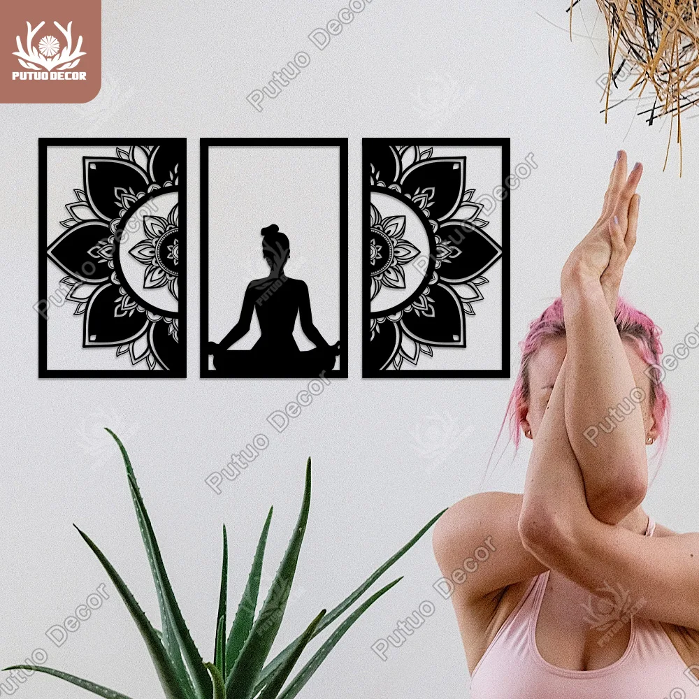 

Putuo Decor Set of 3 Yoga Wooden Wall Art Meditation Wood Wall Hanging Sculpture Painting for Living Bedroom Home Decor Plaque