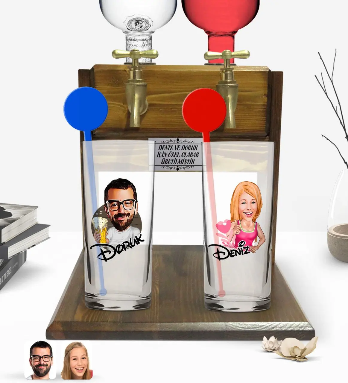 

Personalized Colorful Printed Men and Women Caricature Of Dual Vodka cup And Double Tap Natural Wood Vodka Standı-3