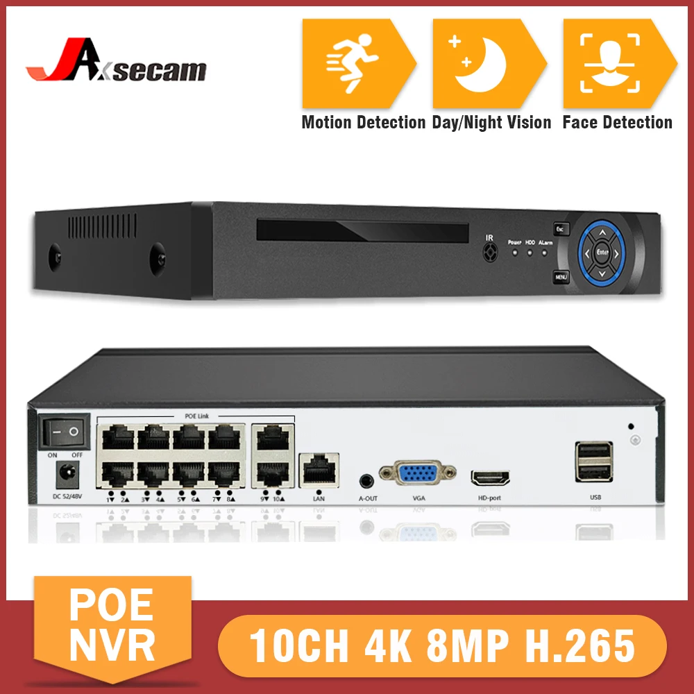 XMeye 10CH 4K 8MP POE NVR распознавание лица H.265 + сетевой видеорегистратор 8T HDD 24/7 Запись CCTV