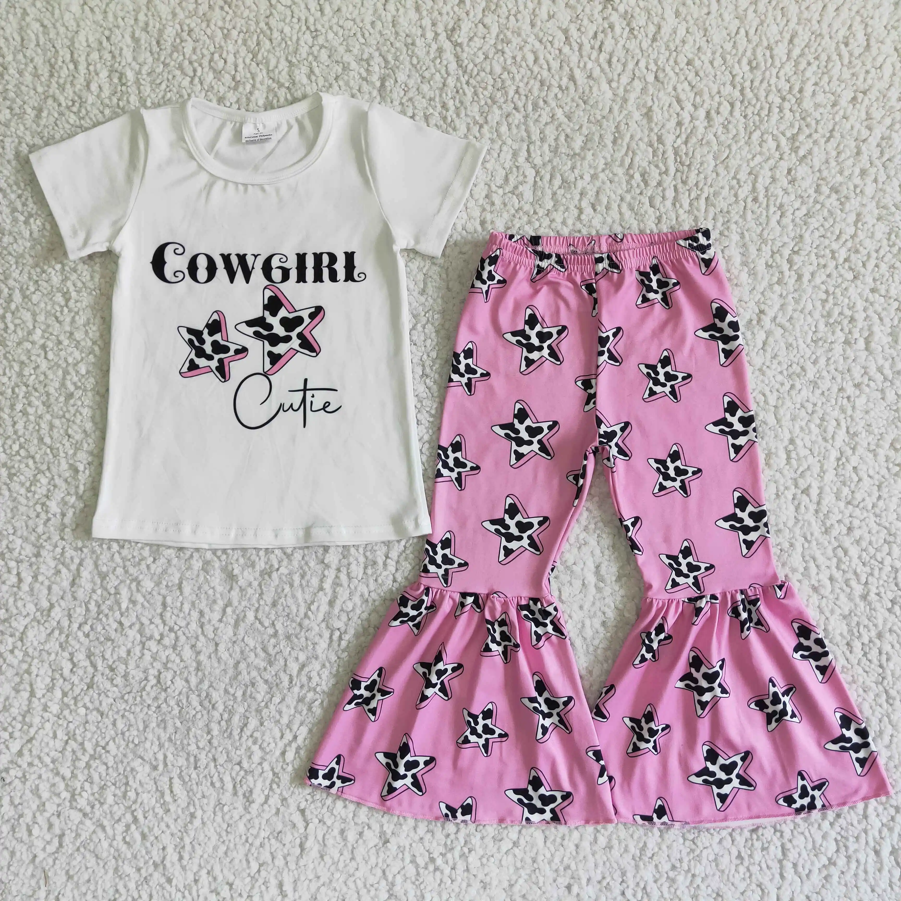 

custom two piece outfit short sleeve white print top and bell bottom pant cute baby girl clothes kids casual clothing set