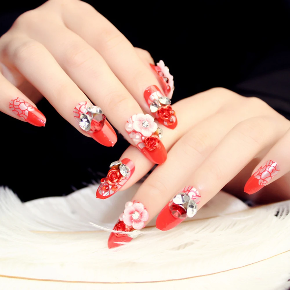 

24PCS Long Red Press on Nails Pearl Flower Sweet Style Full Coverage Nails Fake Nails Removable Perfect Gift LightweightSalon