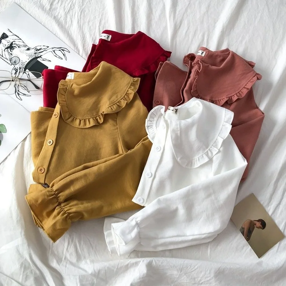 

Autumn Spring 2022 Sweet Puff Long Sleeve Peter Pan Collar Corduroy Ladies Long Sleeve Top Single Breasted Shirt Female Blouse