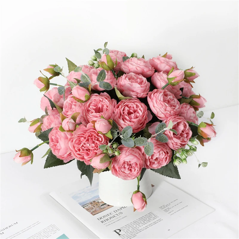 

30cm Rose Pink Silk Peony Artificial Flowers Bouquet 5 Big Head and 4 Bud Cheap Fake Flowers for Home Wedding Decoration indoor