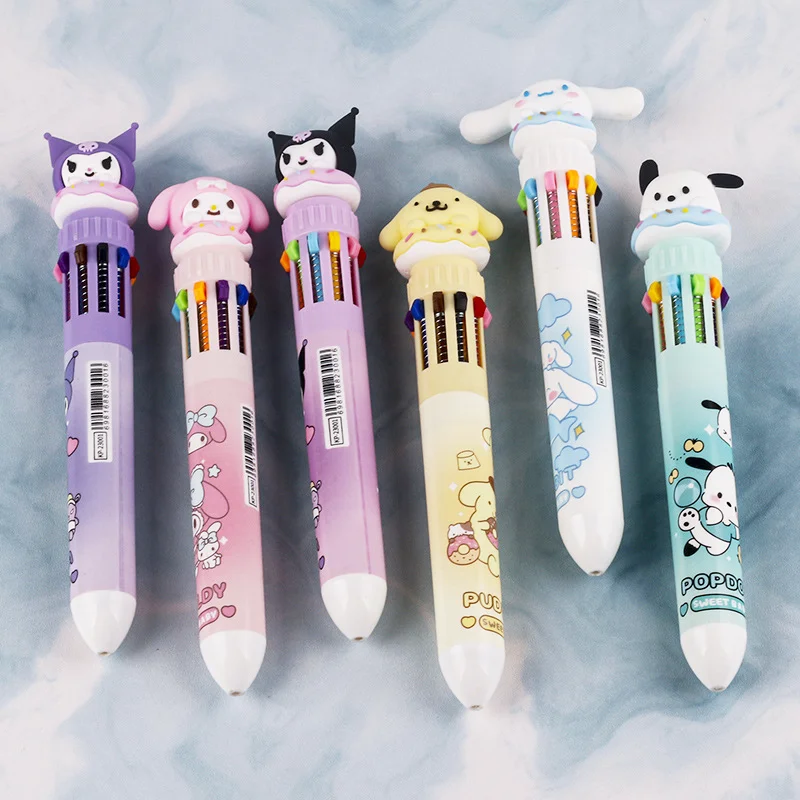 Kawaii Sanrio Anime Kuromi Ten-Color Ballpoint Pen Cinnamoroll Mymelody Multi-Color Press Color Pen Student Neutral Marker Pen