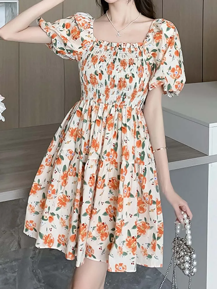 

Retro Bubble Sleeve Printed Round Neck Elastic Waist Dress 2023 Summer New Korean Fashion Women'S Clothing