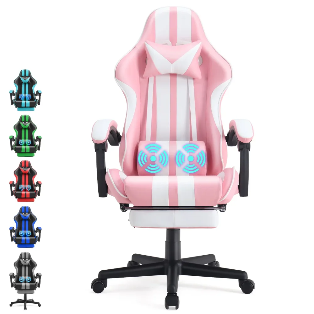 

Pink Gaming Chairs, Ergonomic Office Chairs with Footrest and Massage Lumbar Pillow & Headrest, Swivel Leather Chair, Pink
