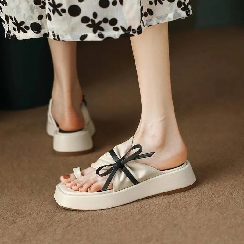 

Thick-soled Sandals Women Summer Outer Wear 2022 Retro Straps Bow Set-toe Fashion Casual High-end Middle-heeled Slippers Women
