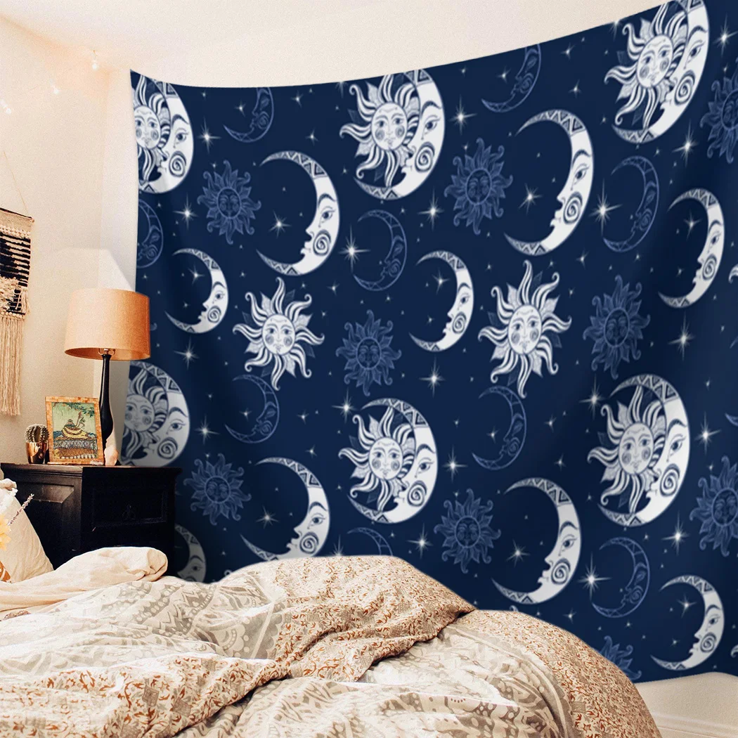 Гобелен в стиле хиппи с Луной и звездами звездным небом темно-синего цвета