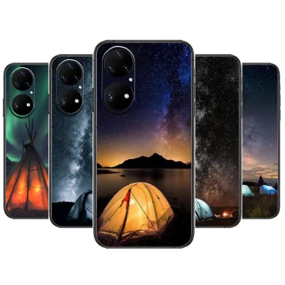 

Camping Tent Nature Mountain Phone Case For Huawei p50 P40 p30 P20 10 9 8 Lite E Pro Plus Black Etui Coque Painting Hoesjes comi
