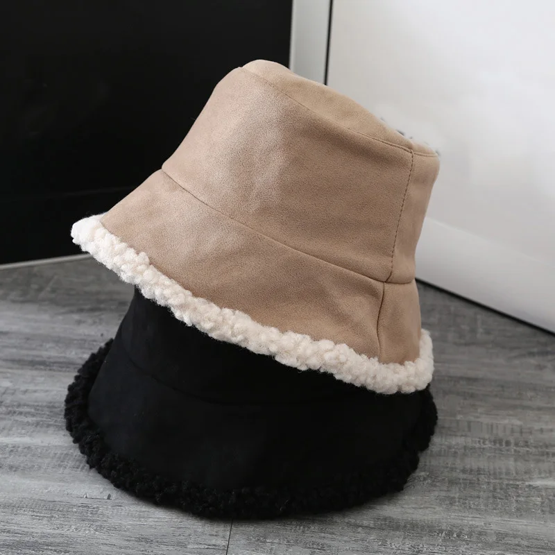 

H115 Winter Men Double-sided Wearing Bucket Hat Lamb Wool Hat Solid Fleece Warm Outdoor Fisherman Hats Female Casual Basin Caps